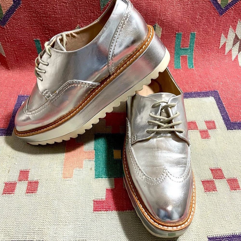 Zara Basic: Metallic Platform Wingtip Derby Oxfor… - image 1
